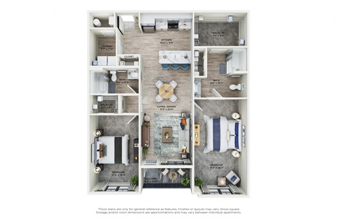 Floor plan for 2 beds, 2 baths, 1286 sqft